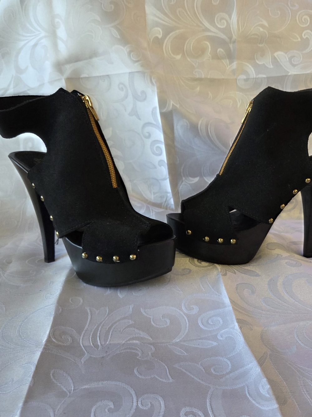 Charles David Black Suede Platform Peep-Toe Heels with Gold Zipper & Gold Studs